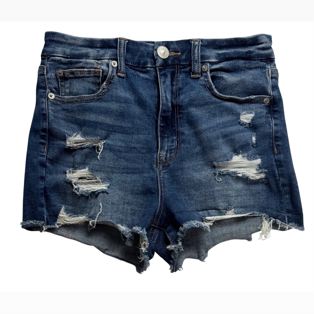 American Eagle Curvy Hi-Rise Shortie Distressed Denim Shorts Blue Womens Size 4